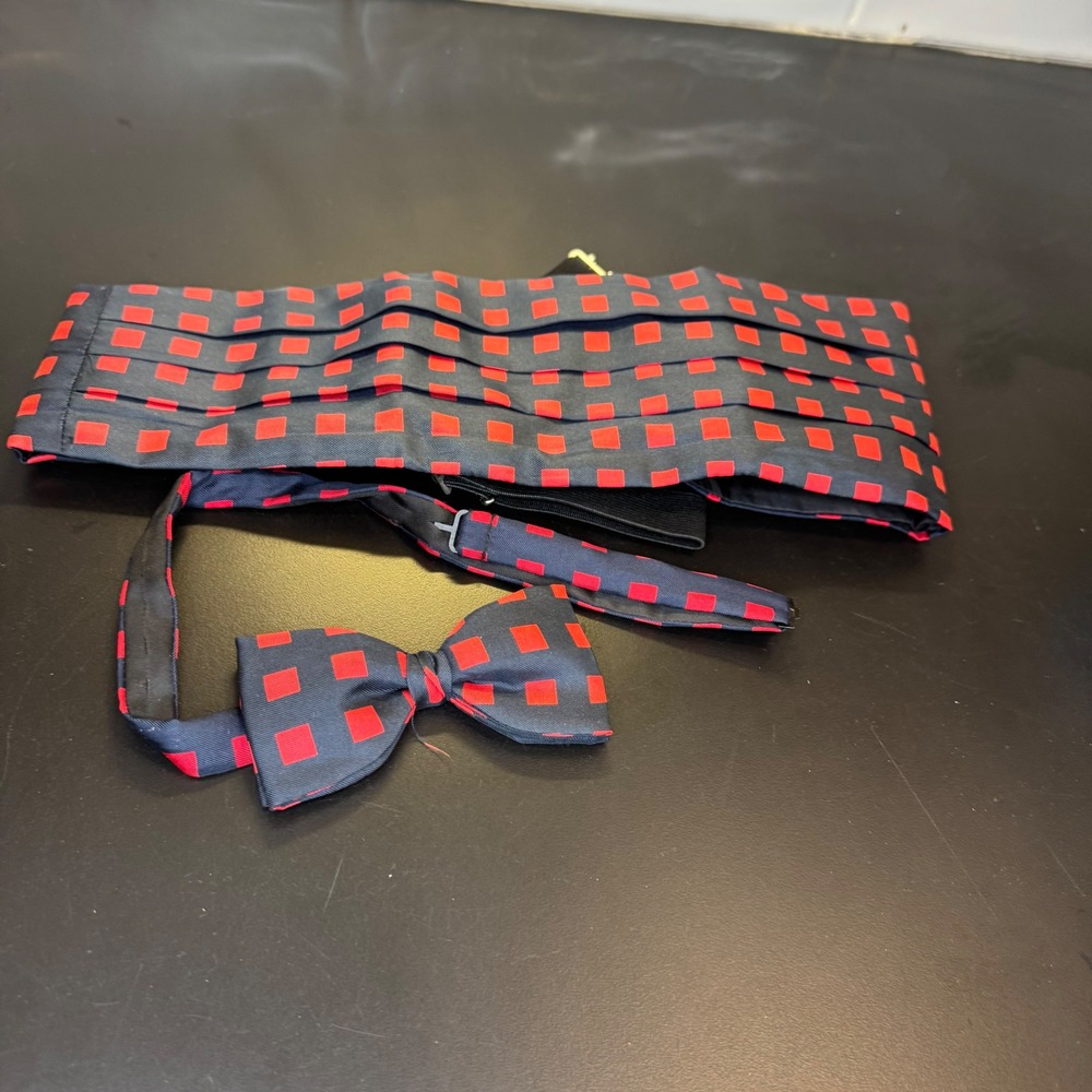 Frederick Theak Cummerbund Bow Tie Set Mens Adjustable Navy Red Silk England